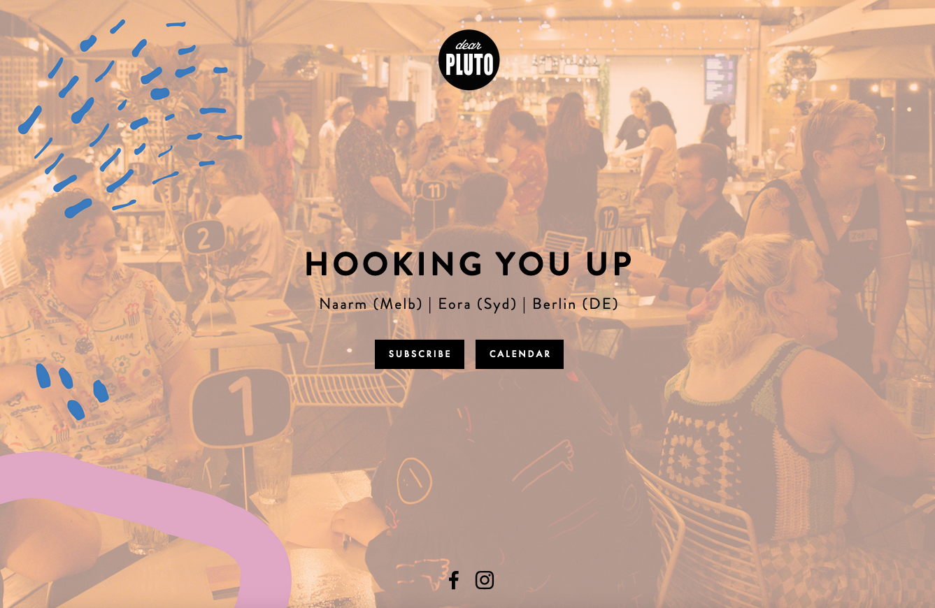 Text reads “Hooking you up. Naarm (Melb), Eora (Syd), Berlin (DE)” in front of a faded image of people chatting to each other in a pub.