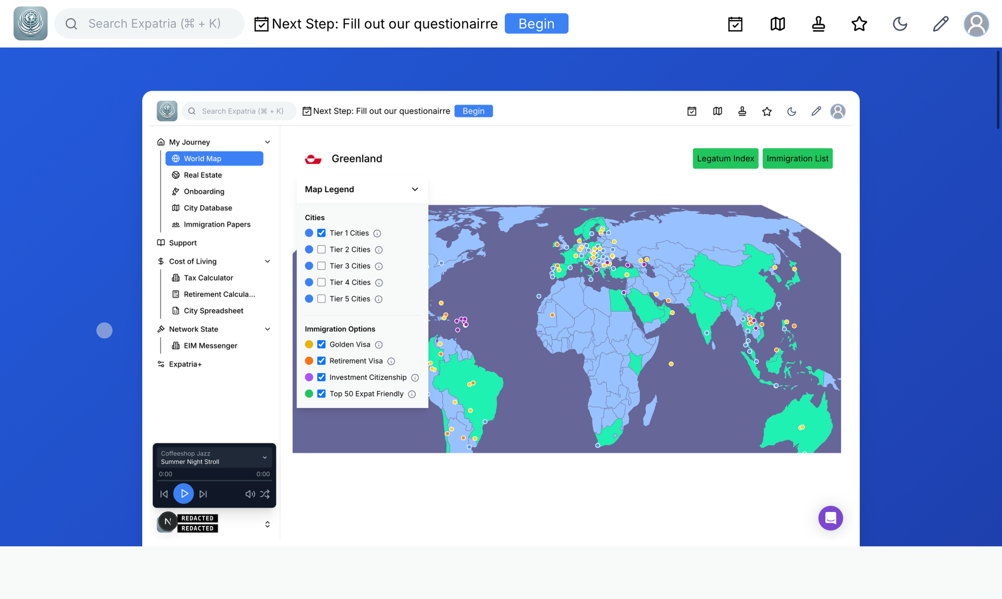 The Expatria dashboard, image of a color-coded map with a sidebar and map legend visible on the screen.
