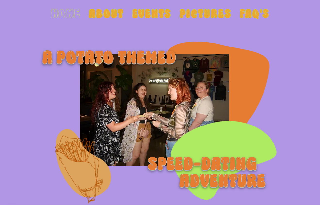 Text reads “A potato-themed speed-dating adventure” on a purple background, with an image of four people smiling in a bar.