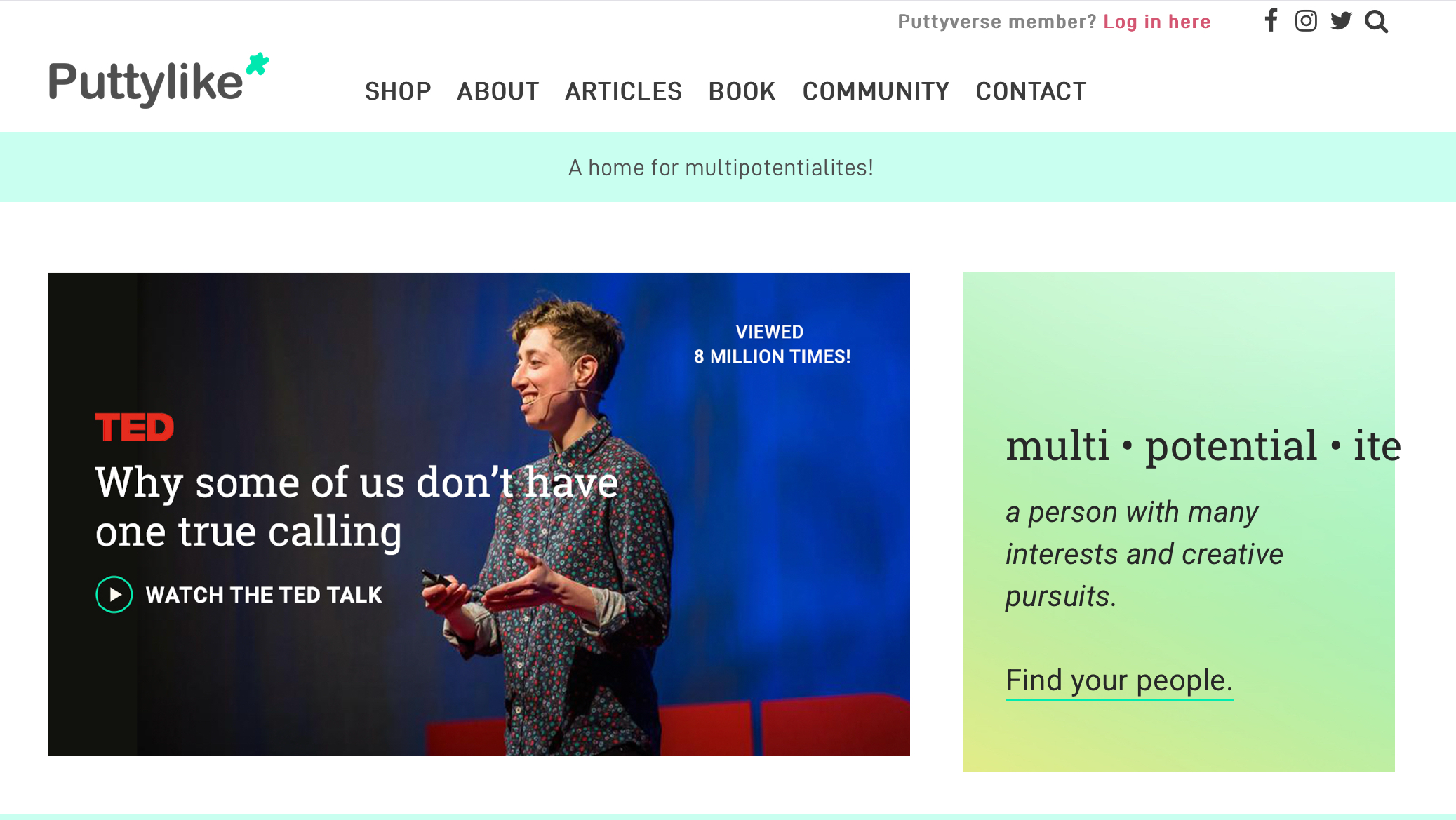 The homepage of “Puttylike,” which features a TED talked called “Why some of us don’t have one true calling” and the definition of “multipotentialite: a person with many interests and creative pursuits.”