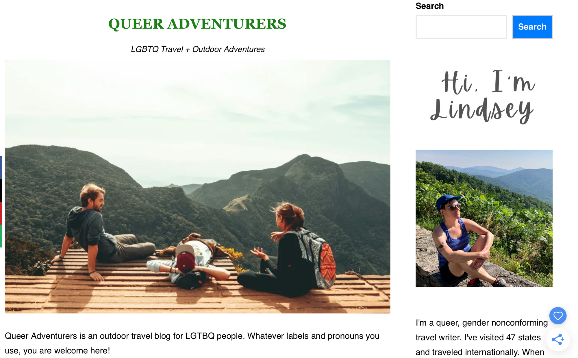A screen grab of “Queer Adventurers,” with an image of several people on a hike overlooking mountains, and a sidebar that reads “Hi. I’m Lindsey.”