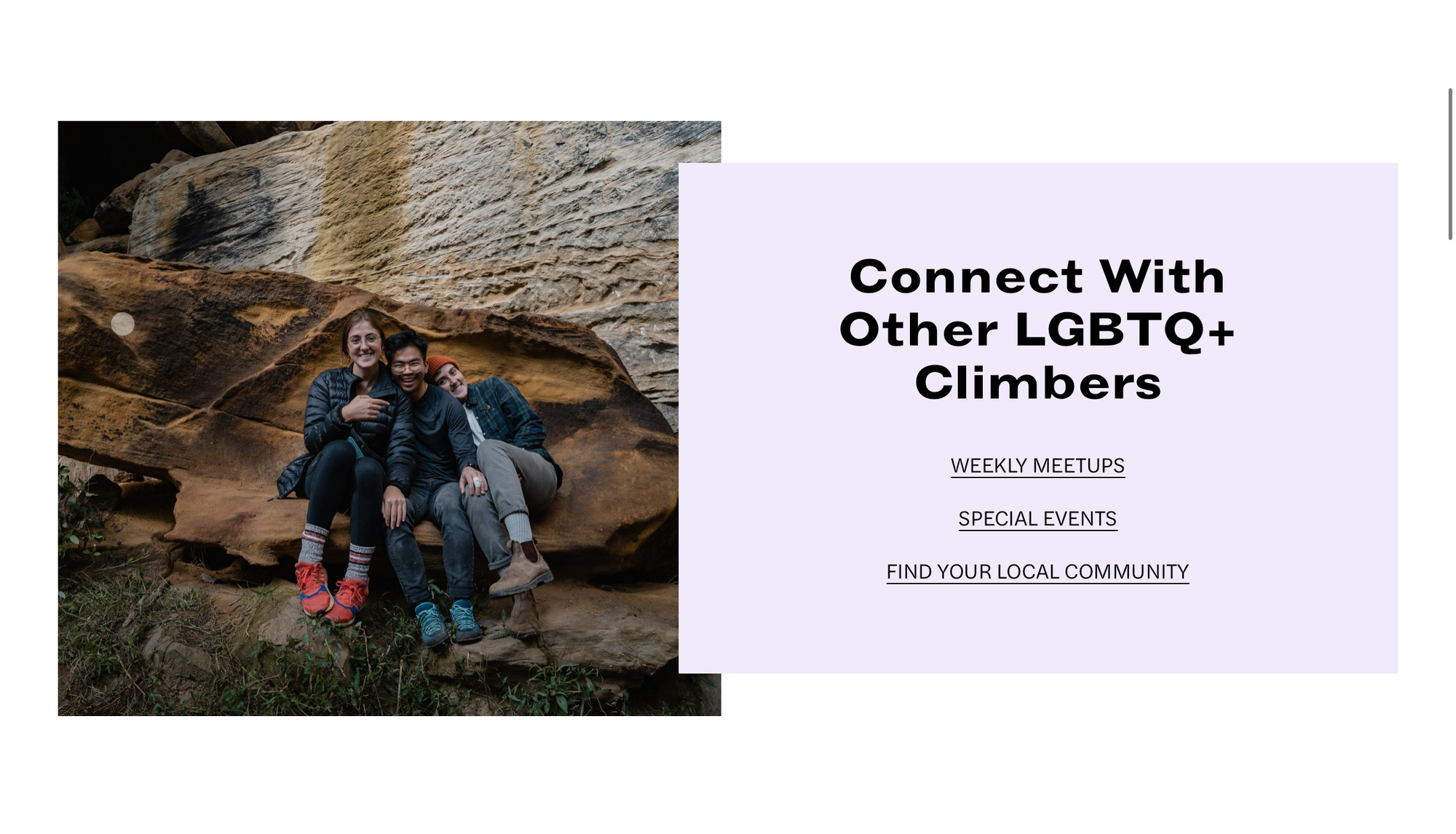 Screenshot of “Queer Climber’s Network” with a picture of three people cuddling on a rock and smiling. Text reads: “Connect with other LGBTQ+ Climbers”