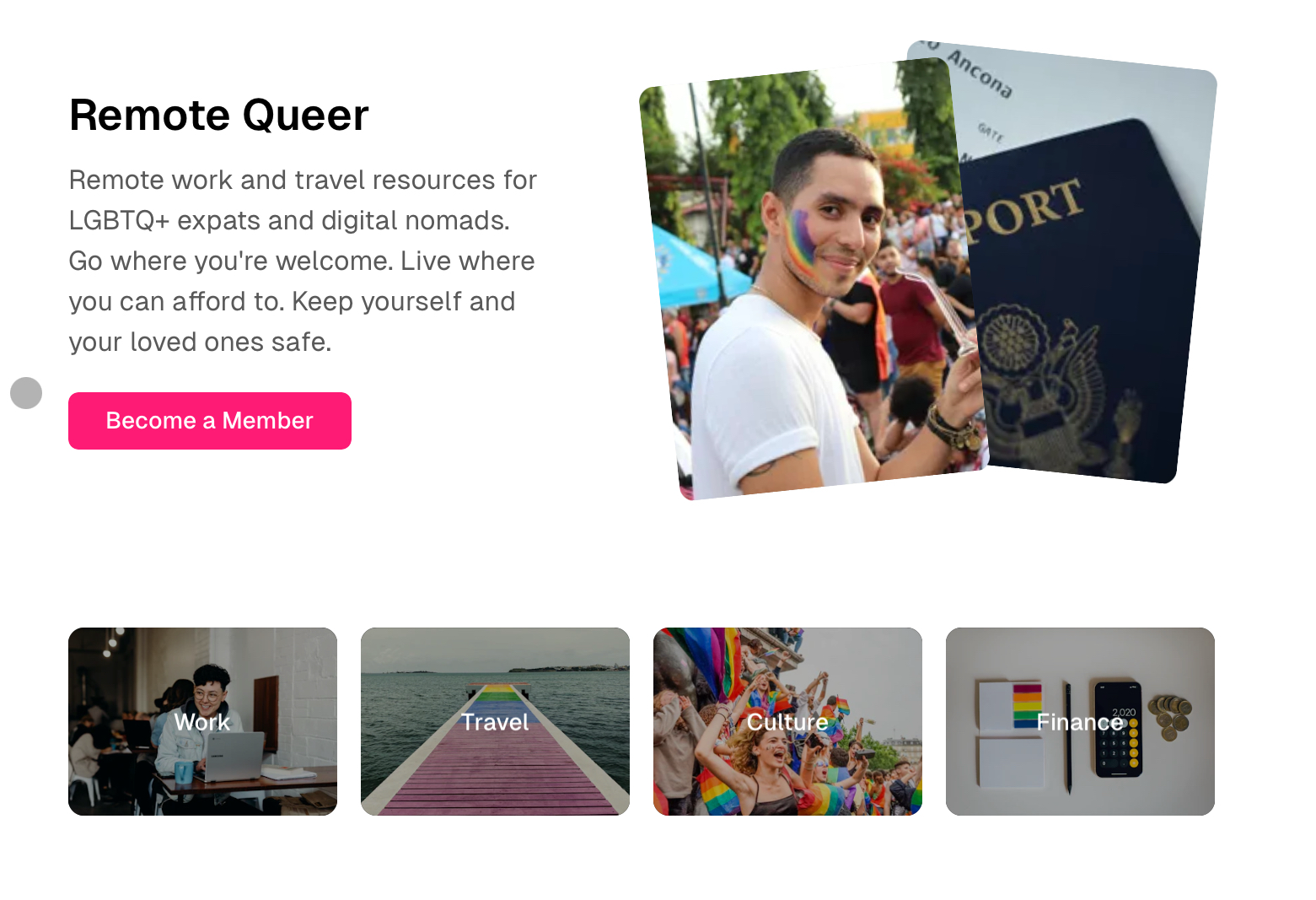 Homepage for “Remote Queer” with images of people and places depicting Work, Travel, Culture, and Finance.