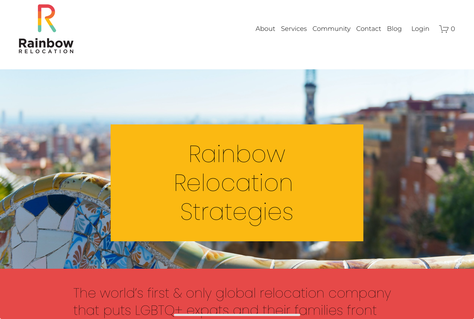 Homepage for Rainbow Relocation, with a semi-blurred image of a European city and an orange text box that reads “Rainbow Relocation Strategies.”