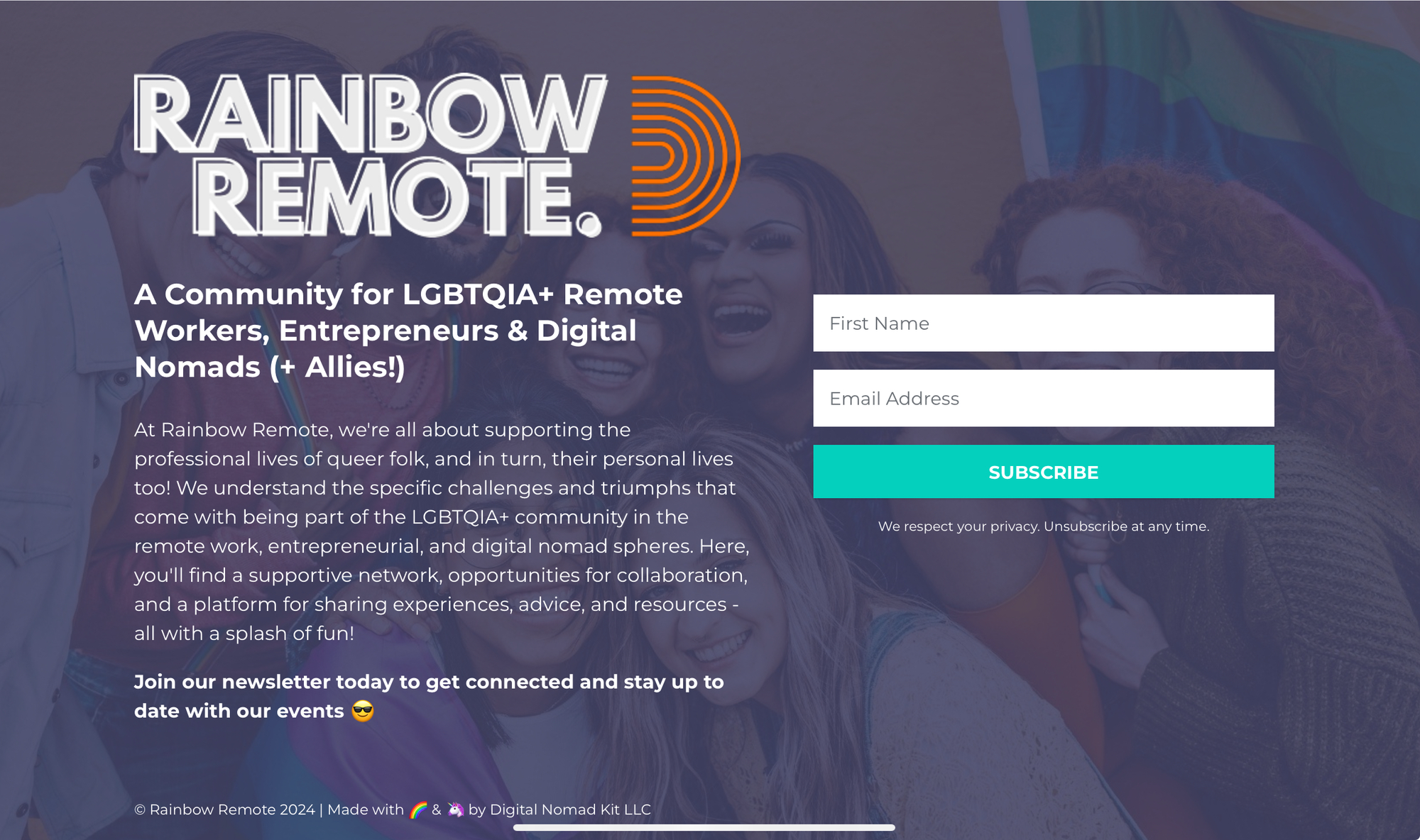 Homepage for “Rainbow Remote: a community for LGBTQIA+ remote workers, entrepreneurs & digital nomads”.