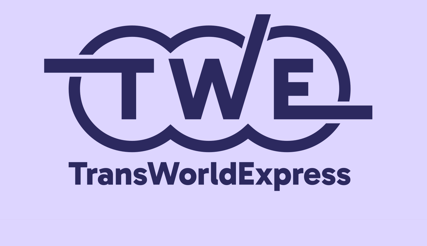 Logo of TransWorldExpress with the letters TWE in front of a light purple background.