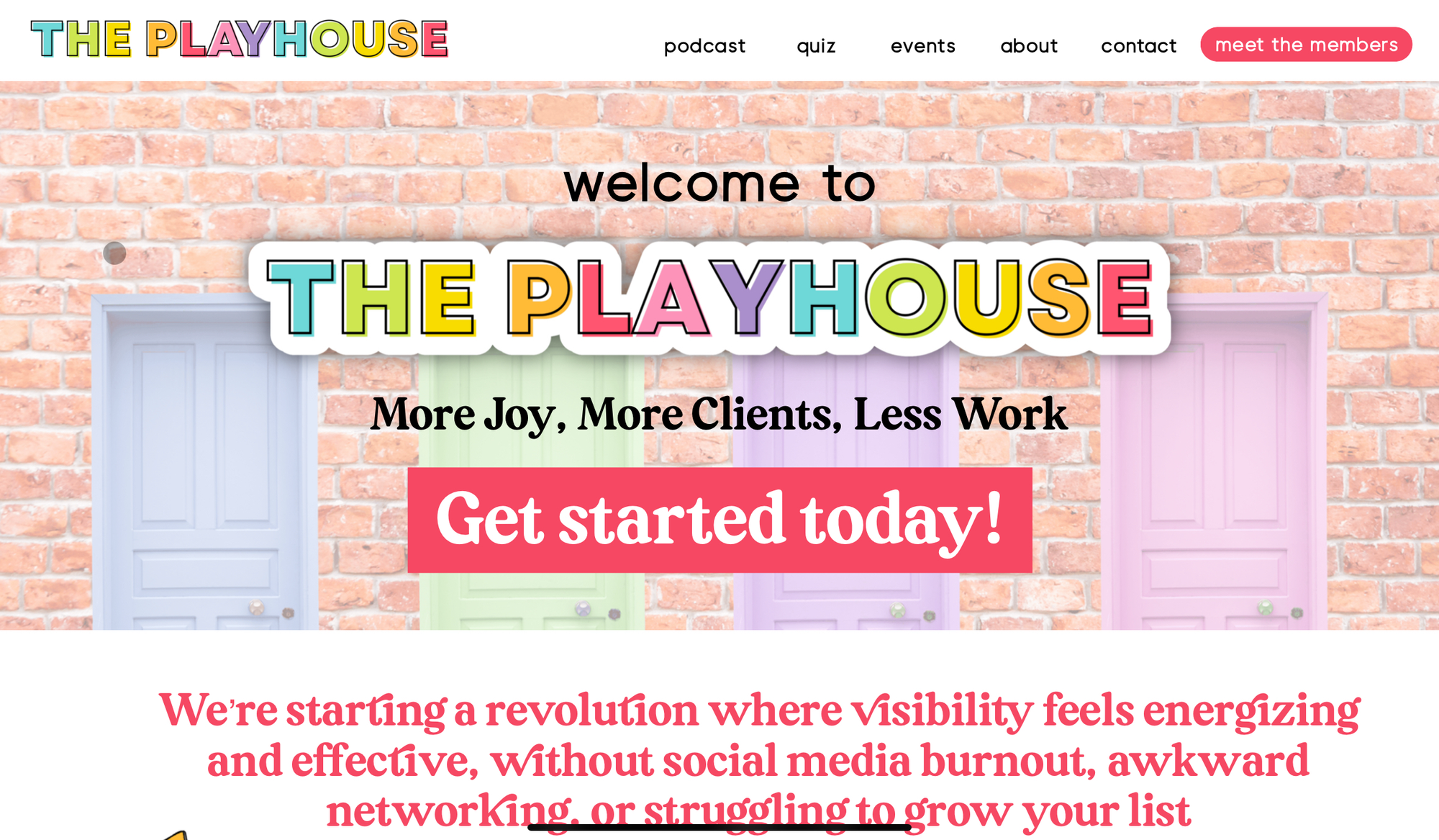 Homepage of The Playhouse, with the tagline “More Joy, More Clients, Less Work.” The background is an image of a brick wall with four-multicolored doors.