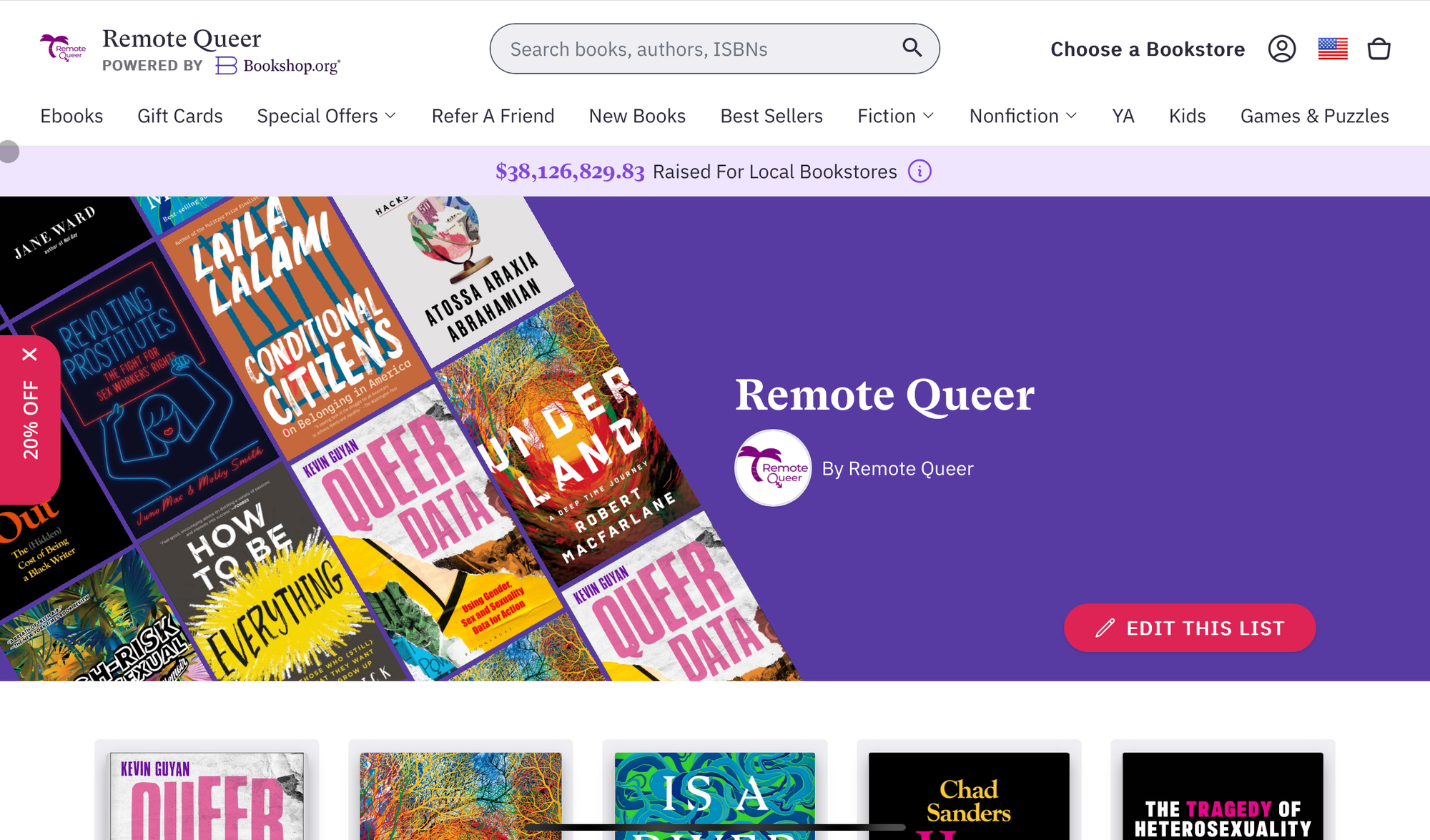 An image of an online bookshop featuring several book covers, a purple background, and the Remote Queer logo of a purple palm tree.